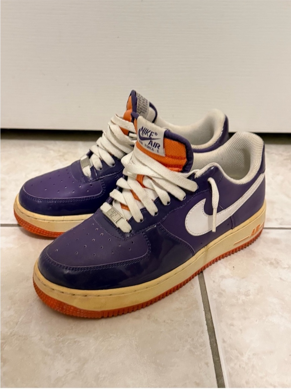 Nike Air Force 1'07 Club Purple patent leather upper with Orange accent
